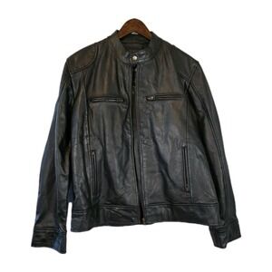Real Leather Jacket Men XL Black Cafe Racer Zip Pockets Motorcycle Grunge Rocker